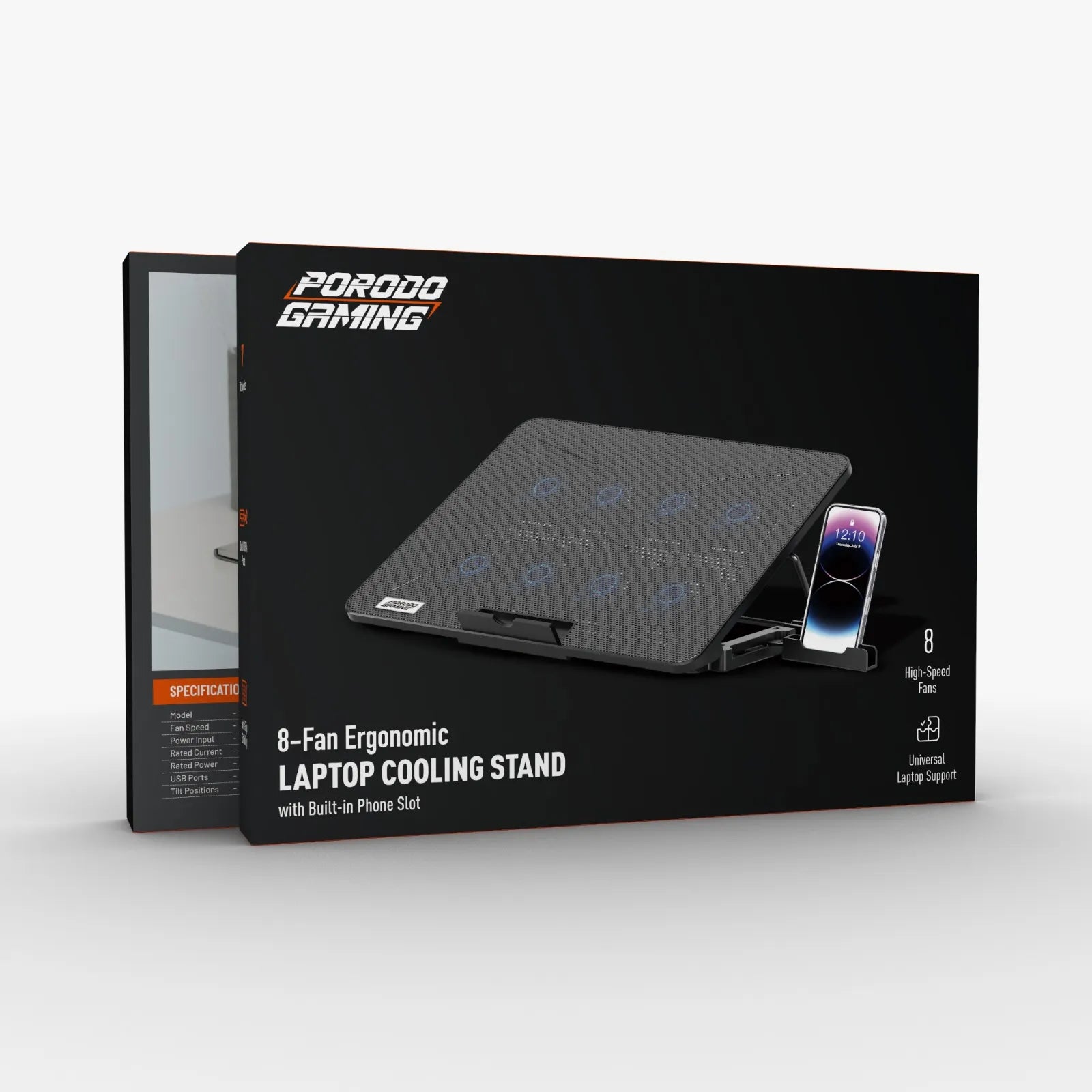 Porodo Gaming Laptop Cooling Pad with Phone Holder – 8 Fans Ergonomic Stand