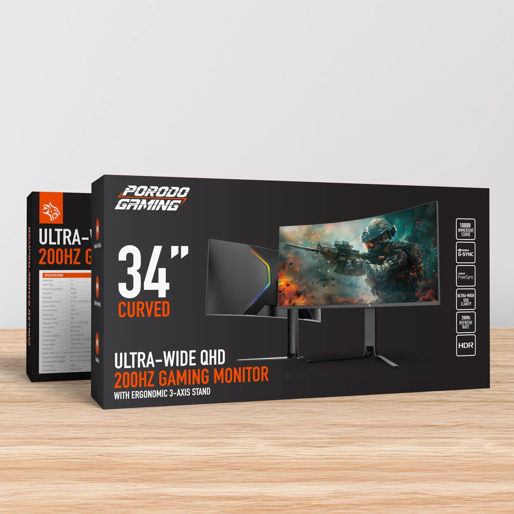 شاشة جيمينج منحنية 34 بوصة Ultra-Wide QHD بتردد 200Hz – بورودو Porodo Gaming