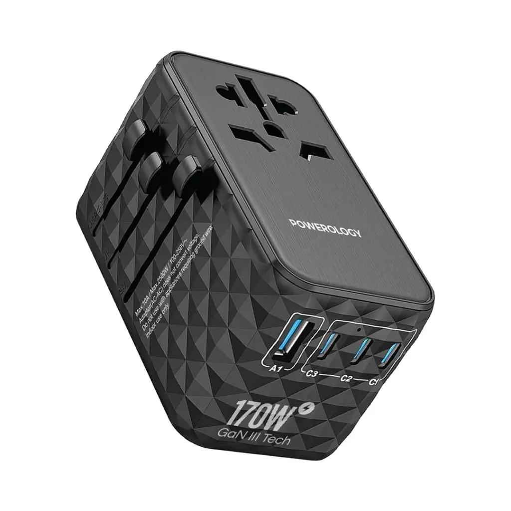 Powerology GaN 170W Universal Travel Adapter with 3 USB-C & USB-A Fast Charging Ports – Black