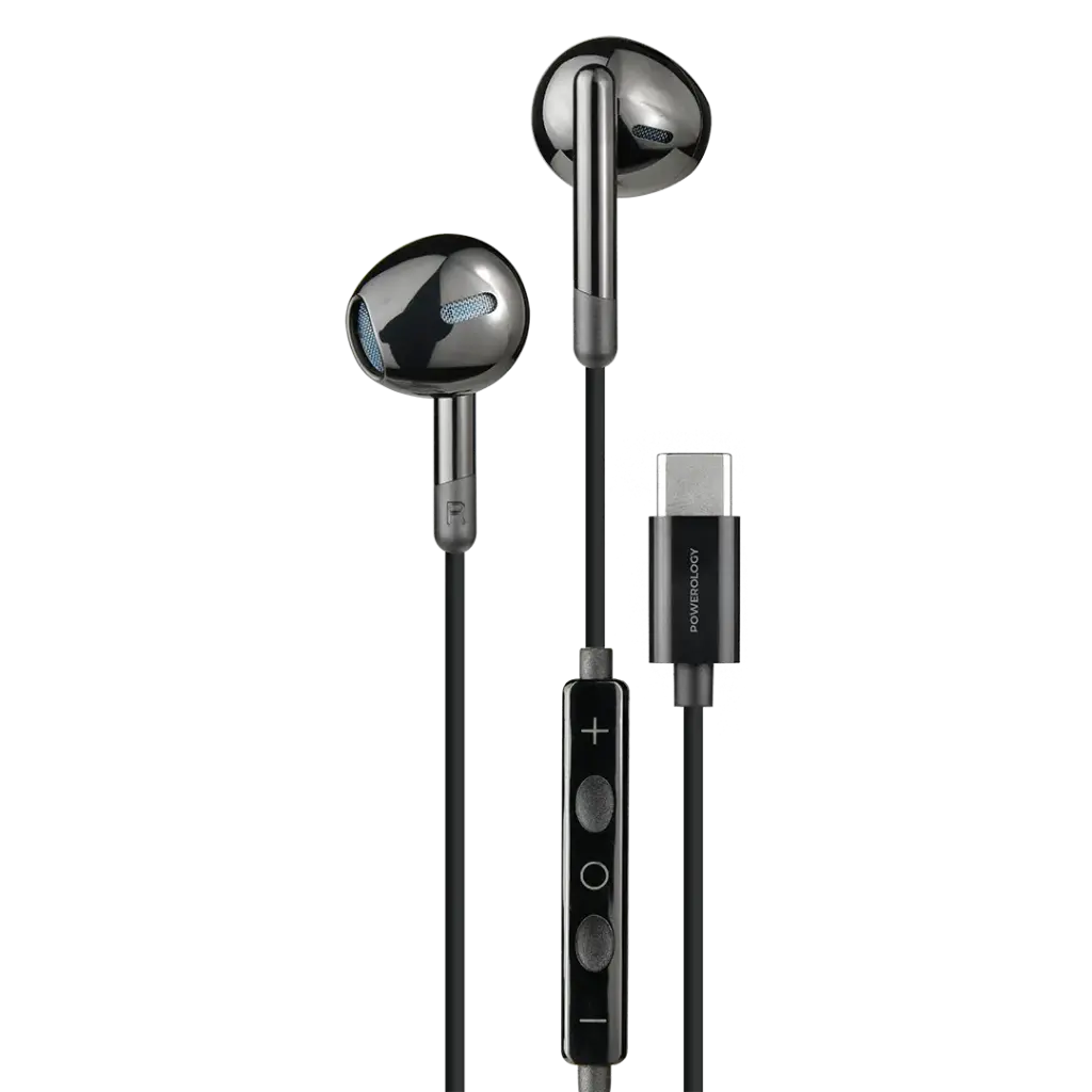 Powerology Type-C Stereo Earphones with HD Sound, 14mm Drivers & In-Line Controls – Black