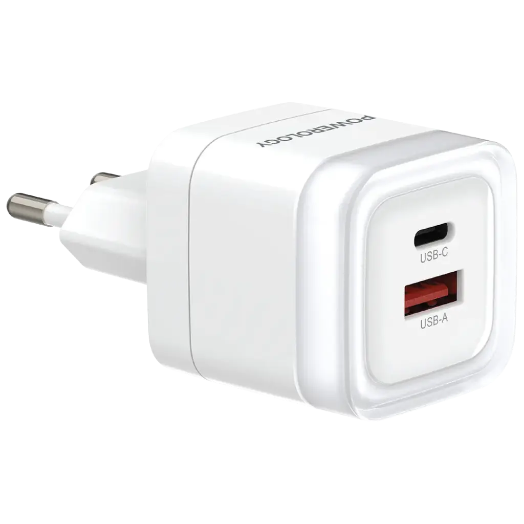 Powerology Lunex Series Dual-Port Fast Charging Adapter PD 35W USB-C + USB-A – White