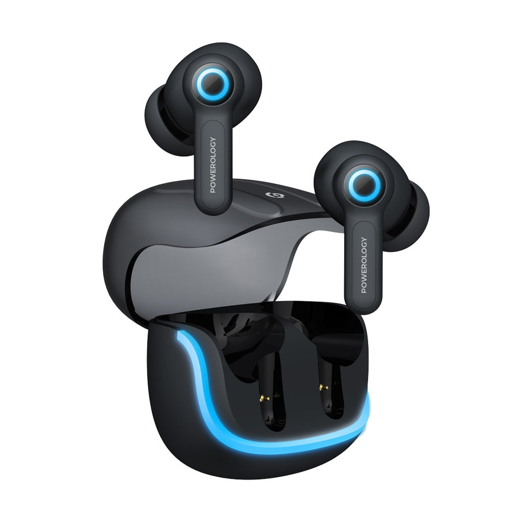 Powerology Quad Mic ENC TWS Earbuds with RGB Charging Case & Game Mode – Black