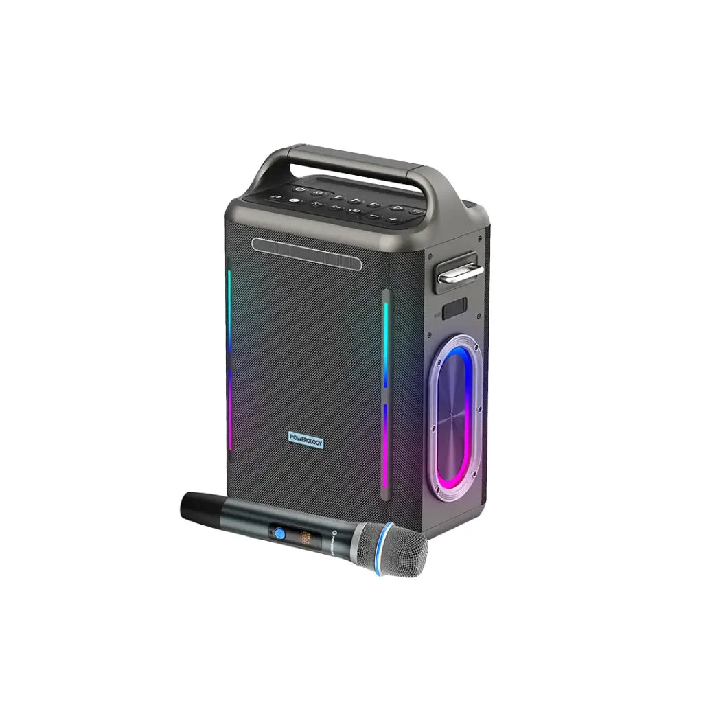 Powerology TWS Karaoke Party Speaker 300W with Wireless Microphone, RGB Lights & Remote Control – Silver