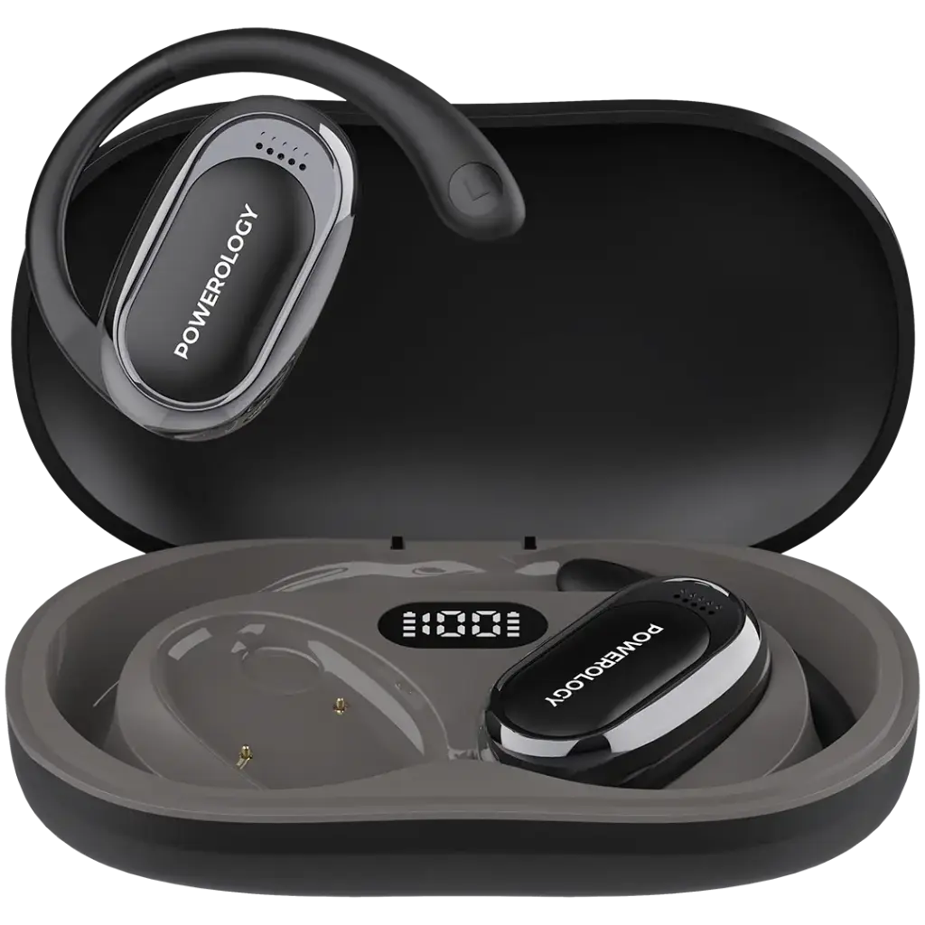 Powerology Oura Open-Ear OWS Earbuds with Dual ENC Microphones & Fast Charging Case – Black