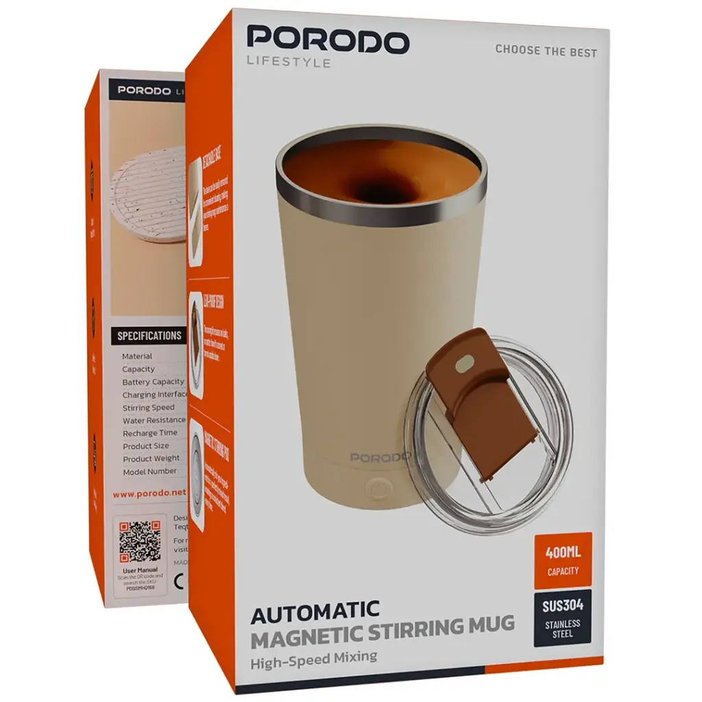 Porodo كوب ذاتي التحريك قابل للفصل جدار مزدوج من الستانلس ستيل 400 مل (CREAMY)-3