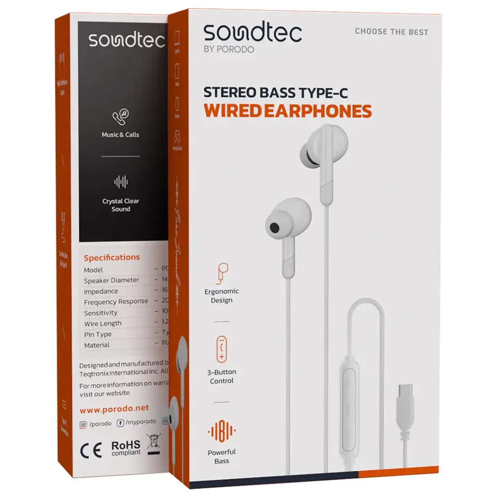 Porodo Type-C 3 Button Wired Earphone