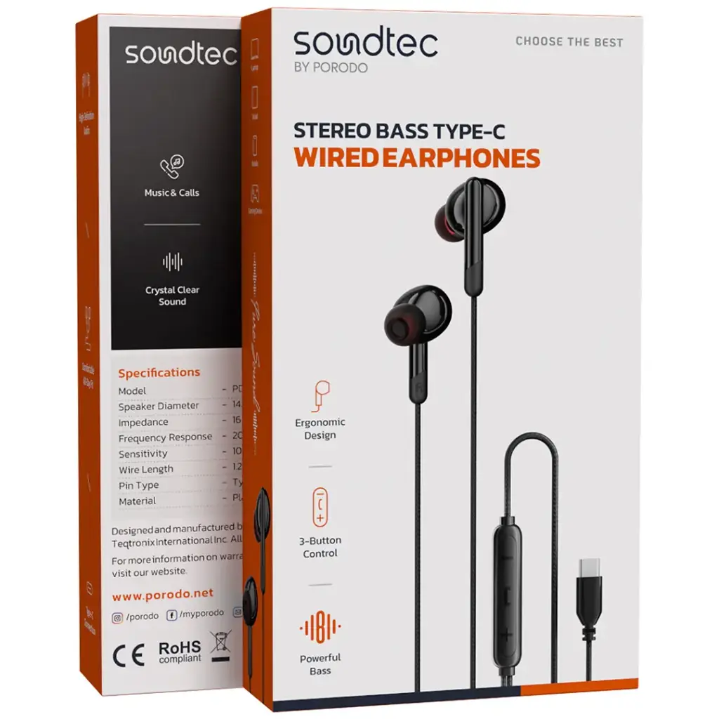 Porodo Type-C 3 Button Wired Earphone