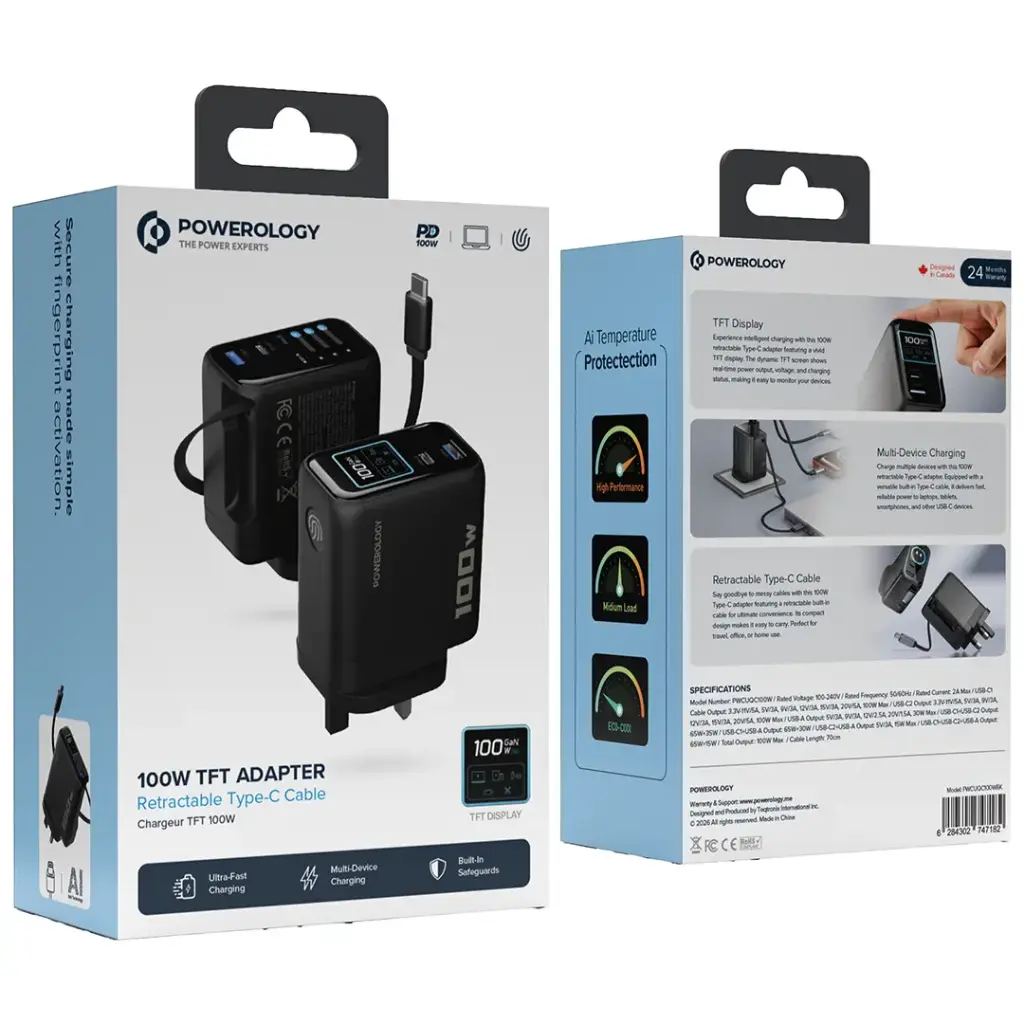Powerology 100W GaN TFT Fast Charger with Retractable USB-C Cable, USB-C & USB-A Ports – Black