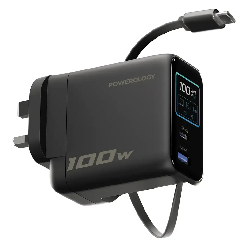 Powerology 100W GaN TFT Fast Charger with Retractable USB-C Cable, USB-C & USB-A Ports – Black