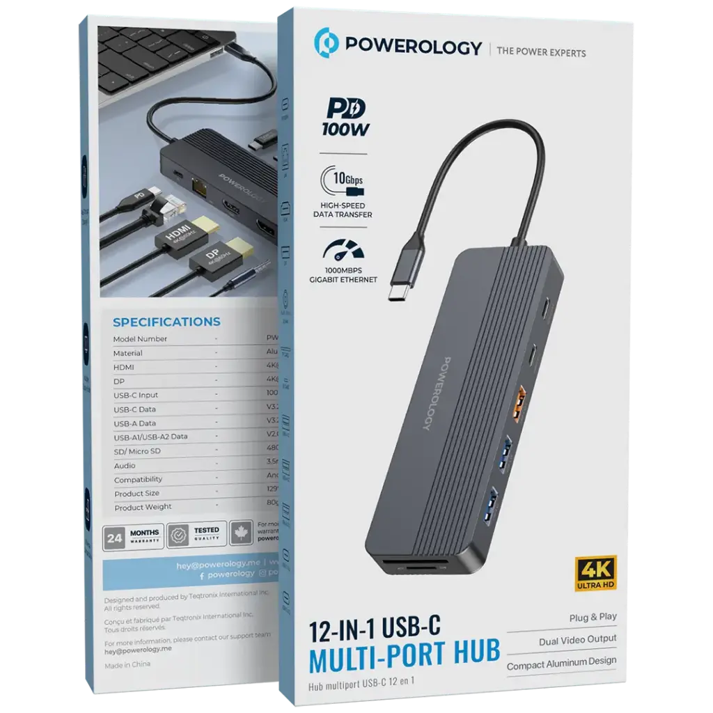 Powerology 12-in-1 USB-C Multi-Port Hub with 100W Power Delivery, 10Gbps Data Transfer & Dual 4K Display – Gray