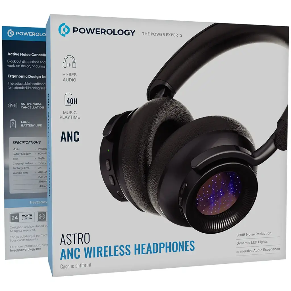 Powerology Astro ANC Wireless Headphones with Active Noise Cancellation, 40 Hours Playtime & LED Lighting – Black