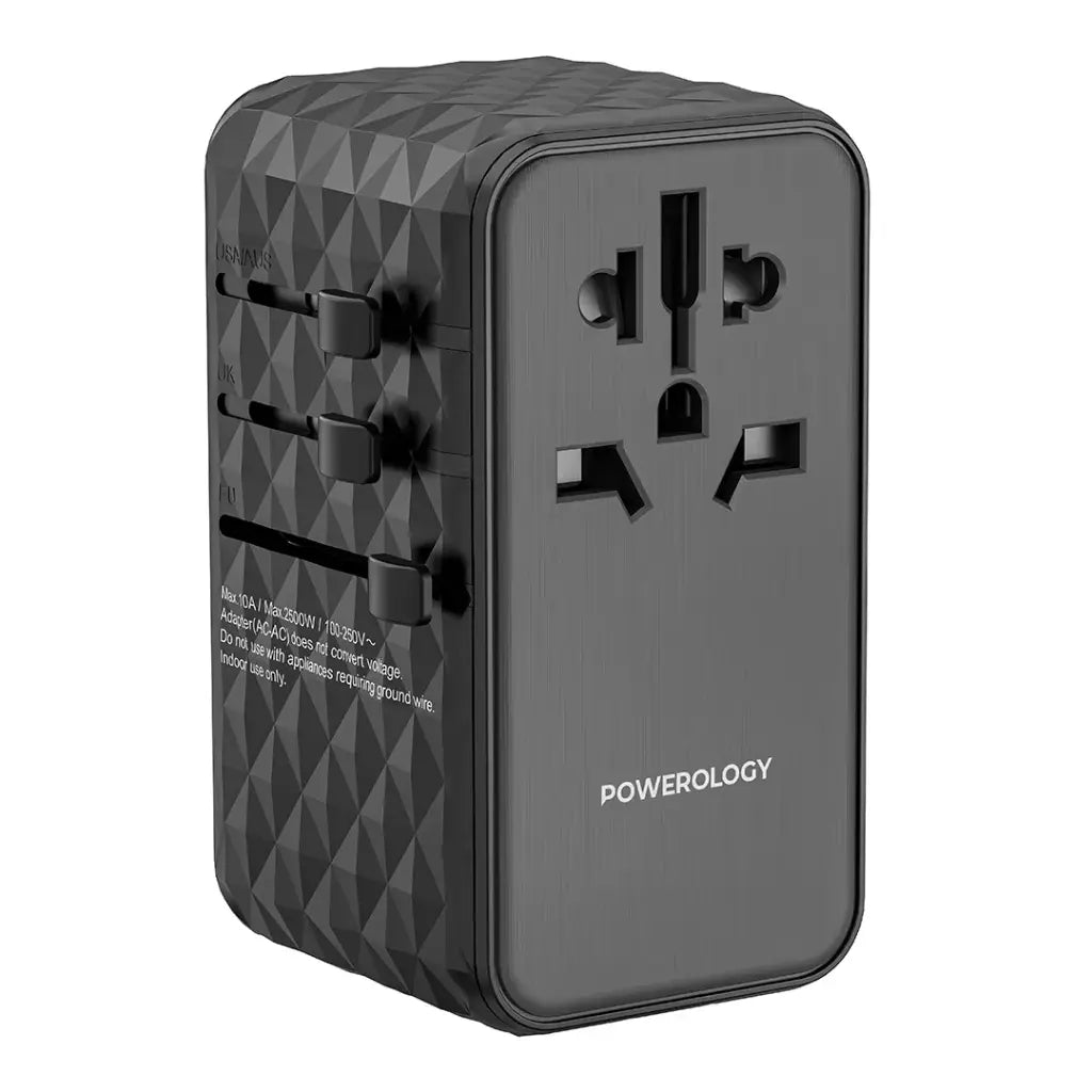 Powerology GaN 170W Universal Travel Adapter with 3 USB-C & USB-A Fast Charging Ports – Black
