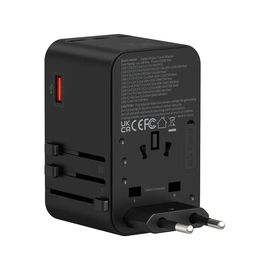 Powerology GaN 75W Universal Travel Adapter with Digital Display, 3 USB-C & USB-A Ports – Black