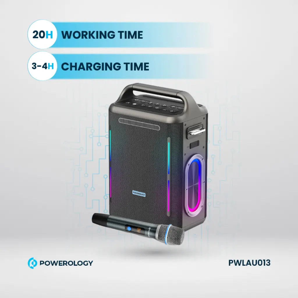 Powerology TWS Karaoke Party Speaker 300W with Wireless Microphone, RGB Lights & Remote Control – Silver