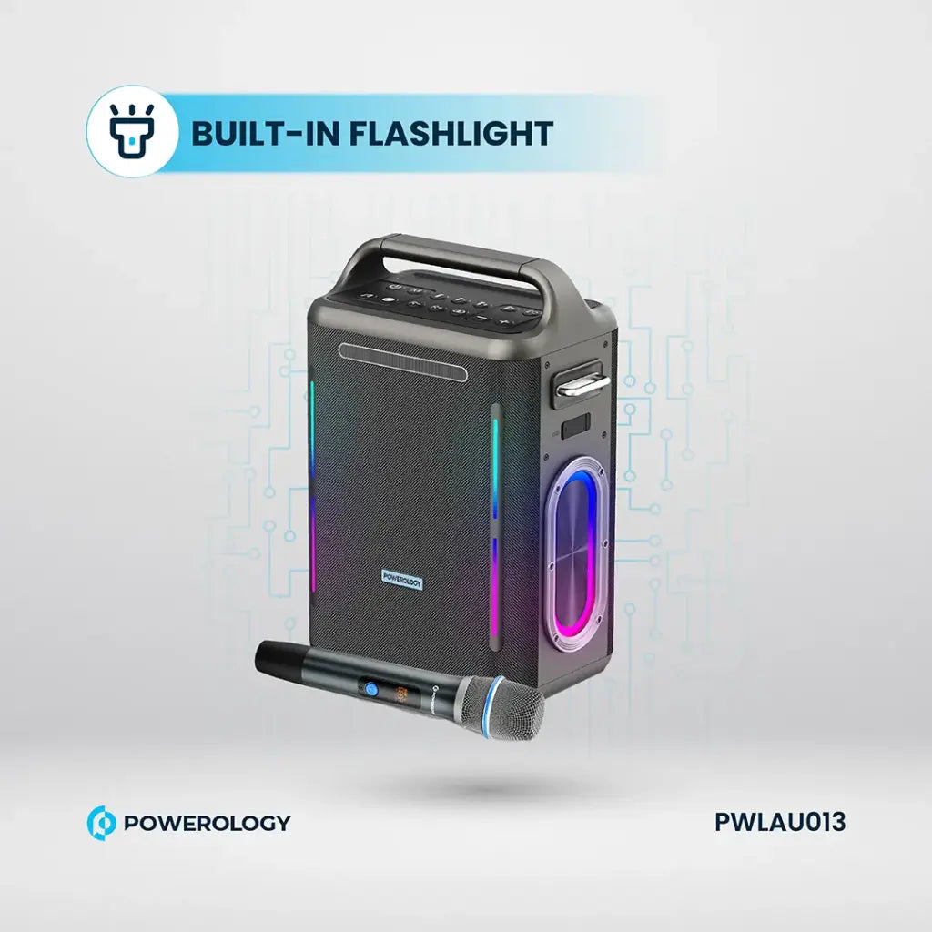 Powerology TWS Karaoke Party Speaker 300W with Wireless Microphone, RGB Lights & Remote Control – Silver