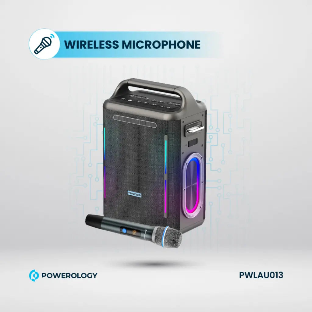 Powerology TWS Karaoke Party Speaker 300W with Wireless Microphone, RGB Lights & Remote Control – Silver