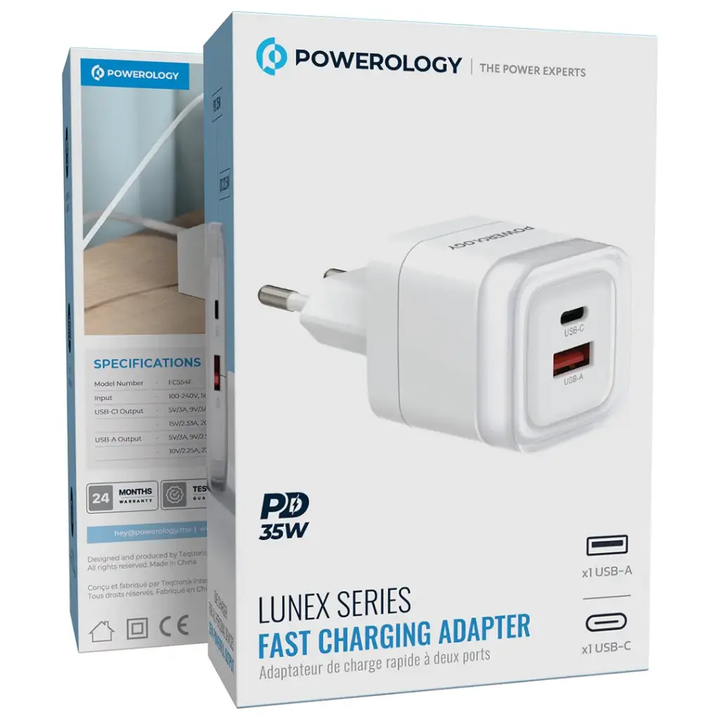 Powerology Lunex Series Dual-Port Fast Charging Adapter PD 35W USB-C + USB-A – White