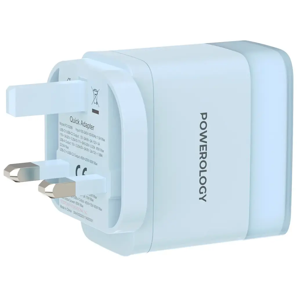 Powerology Lunex Series 65W Fast Charging Adapter USB-C + USB-C + USB-A – Multiple Colors