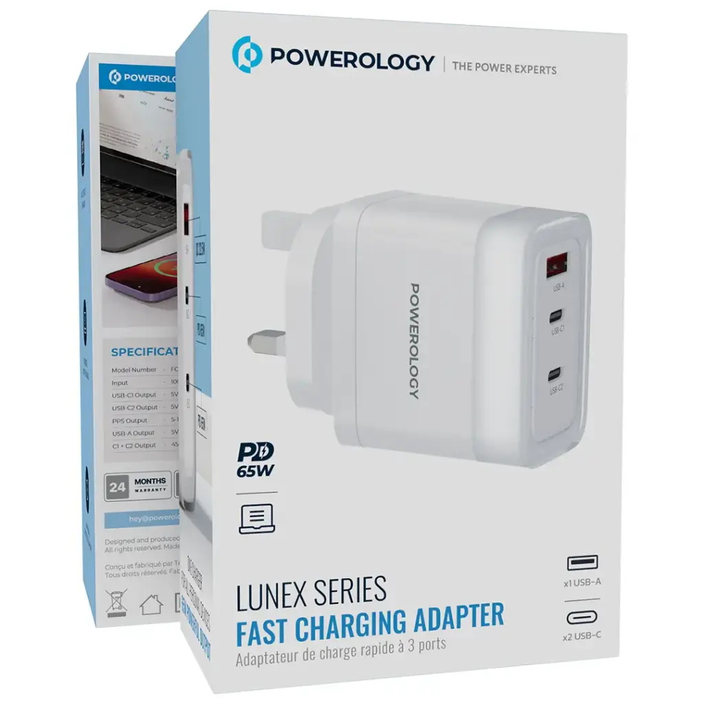 Powerology Lunex Series 65W Fast Charging Adapter USB-C + USB-C + USB-A – Multiple Colors