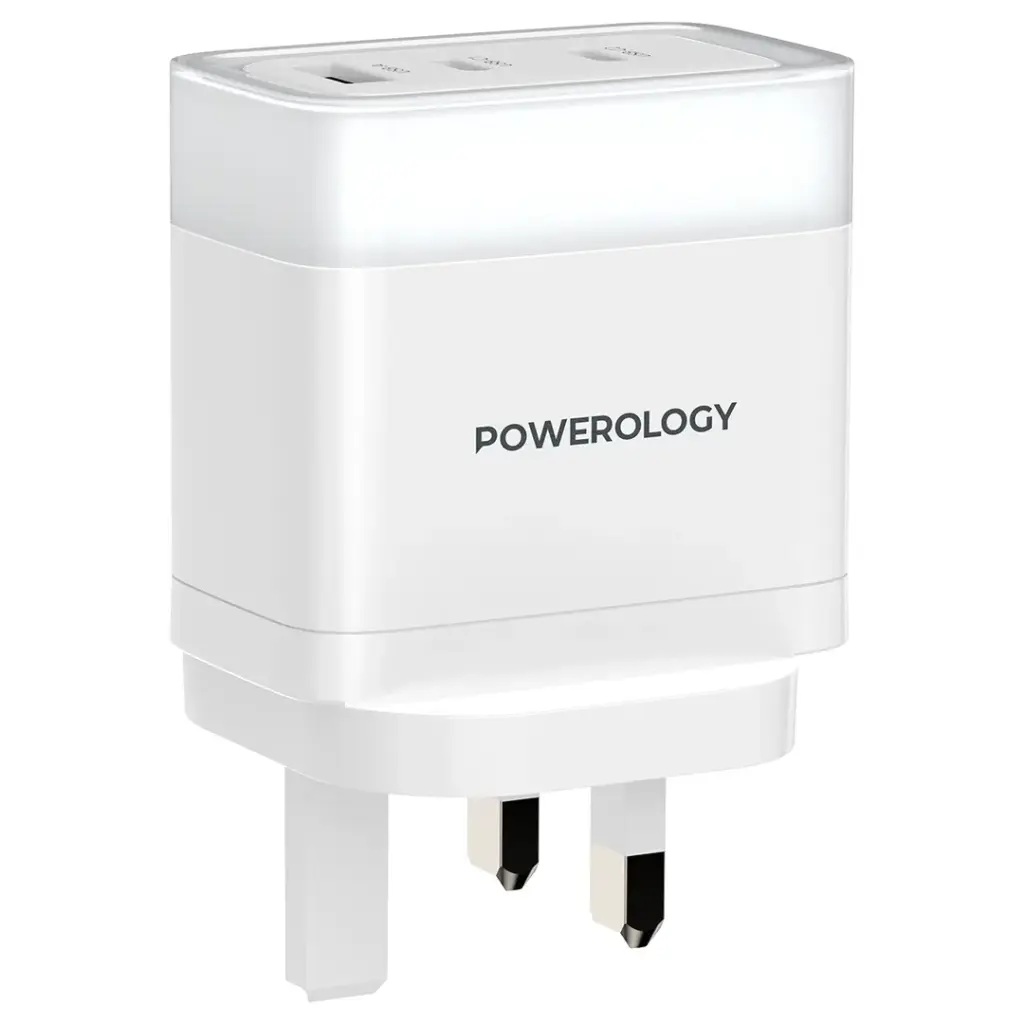 Powerology Lunex Series 65W Fast Charging Adapter USB-C + USB-C + USB-A – Multiple Colors