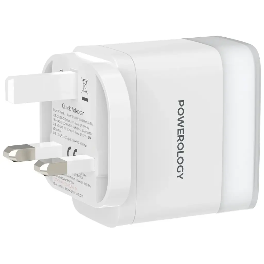 Powerology Lunex Series 65W Fast Charging Adapter USB-C + USB-C + USB-A – Multiple Colors