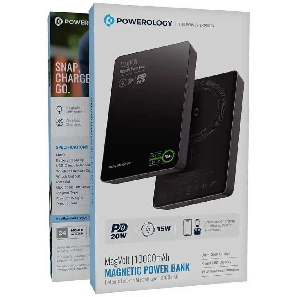 Powerology MagVolt 10000mAh Magnetic Wireless Power Bank with TFT Display & 20W PD Fast Charging – Black & Orange