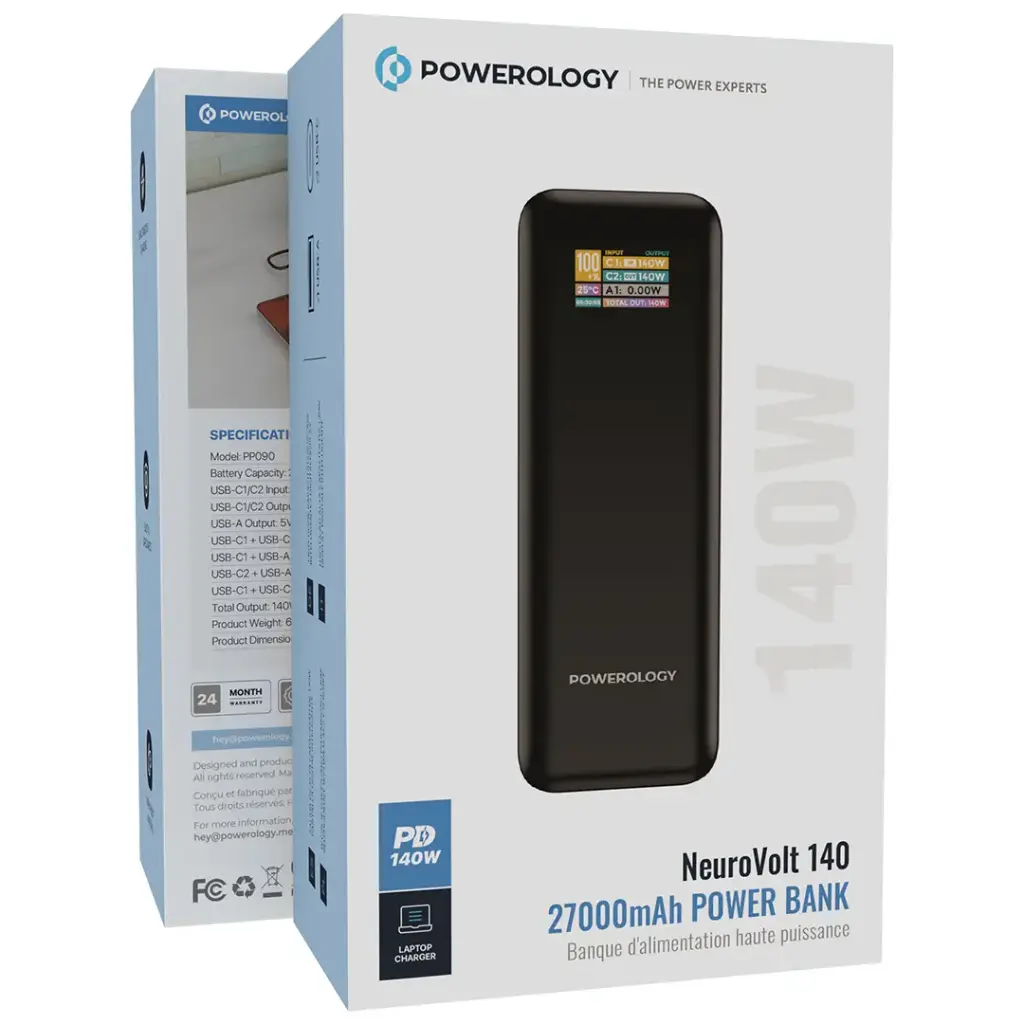 Powerology NeuroVolt 140 Power Bank 27000mAh with 140W Power Delivery & Smart Display – Black