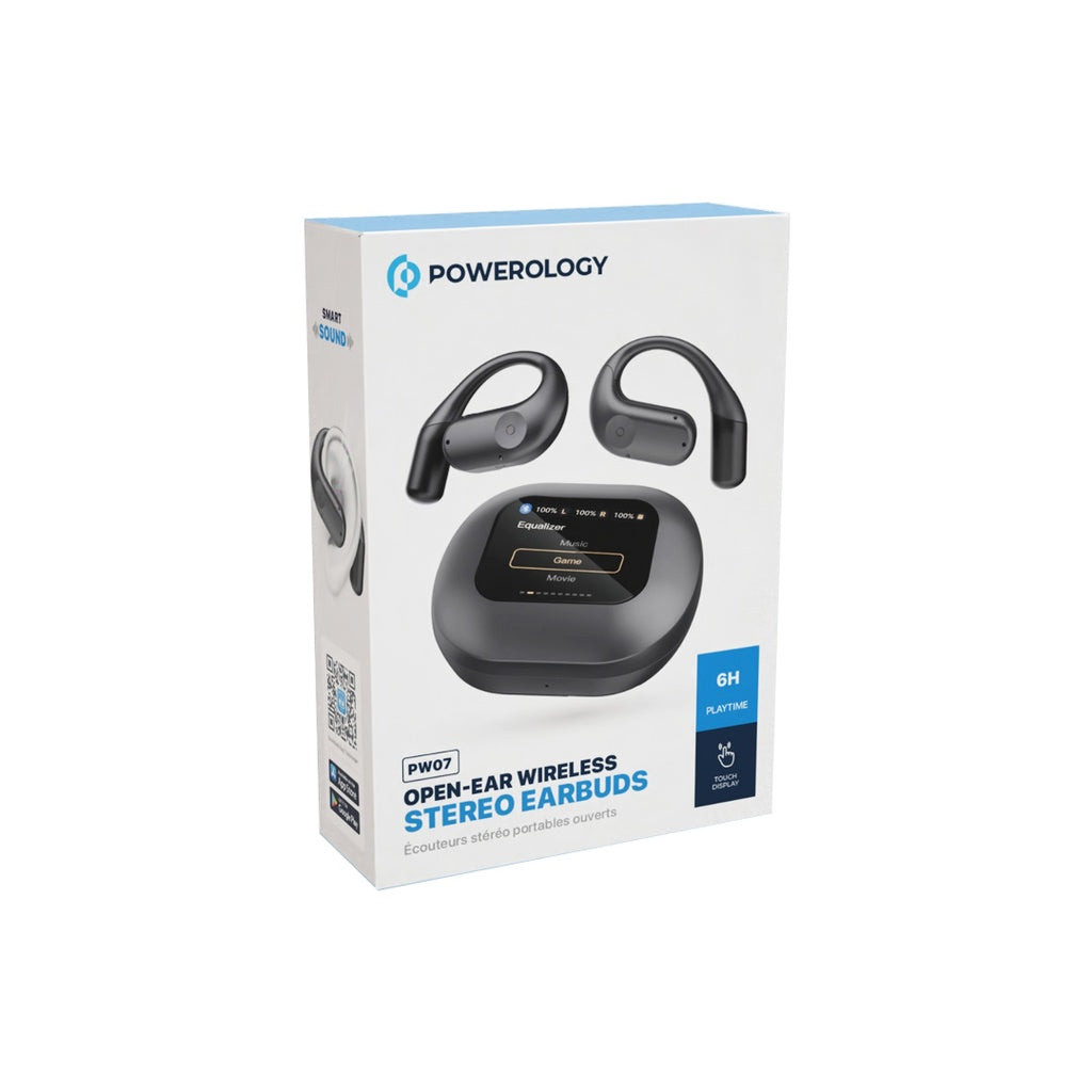 Powerology Open-Ear Air Conduction ENC TWS Earbuds with Smart Display Charging Case – Black