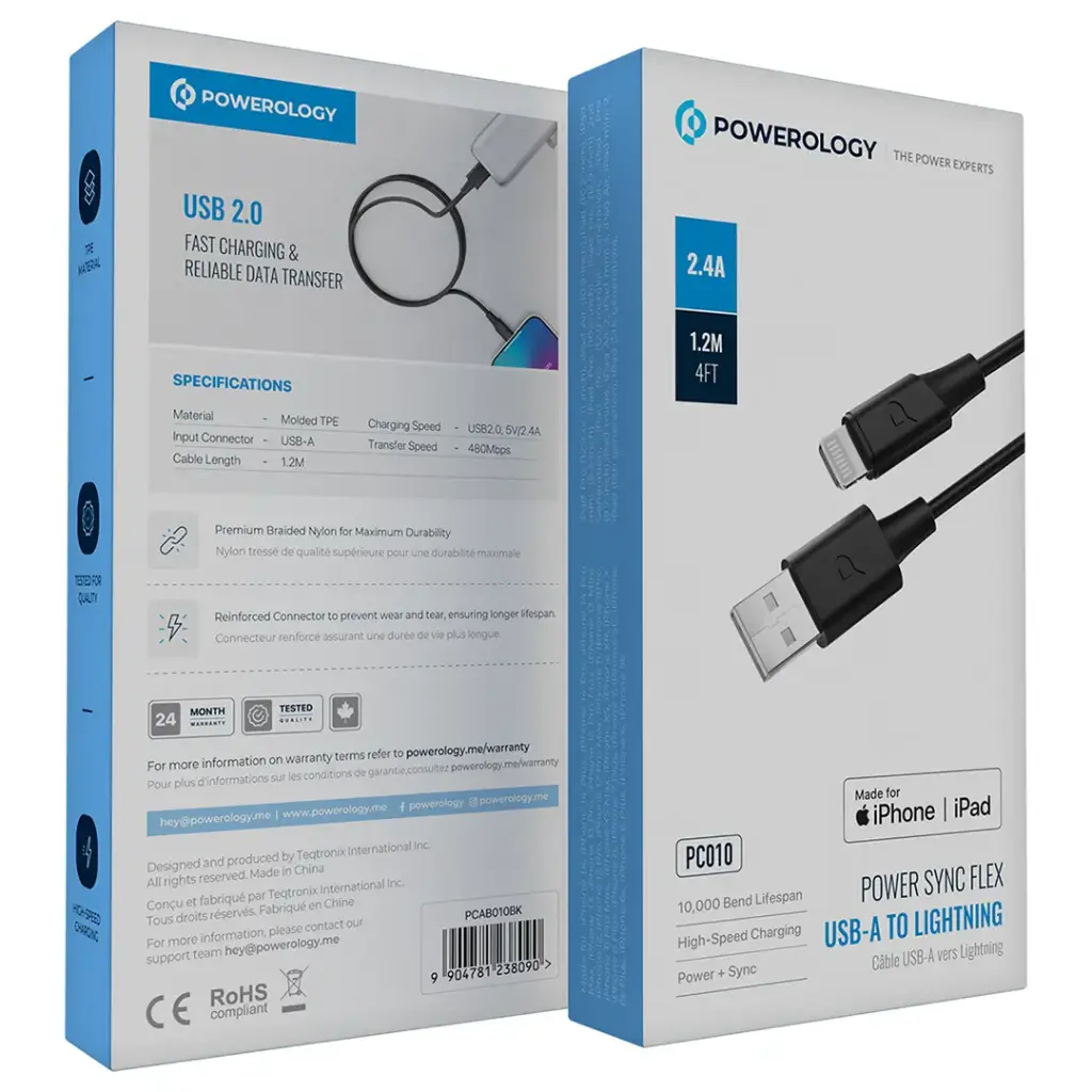 Powerology MFI Lightning to USB-A TPE Jacket Over-Molded Cable 1.2 Meter