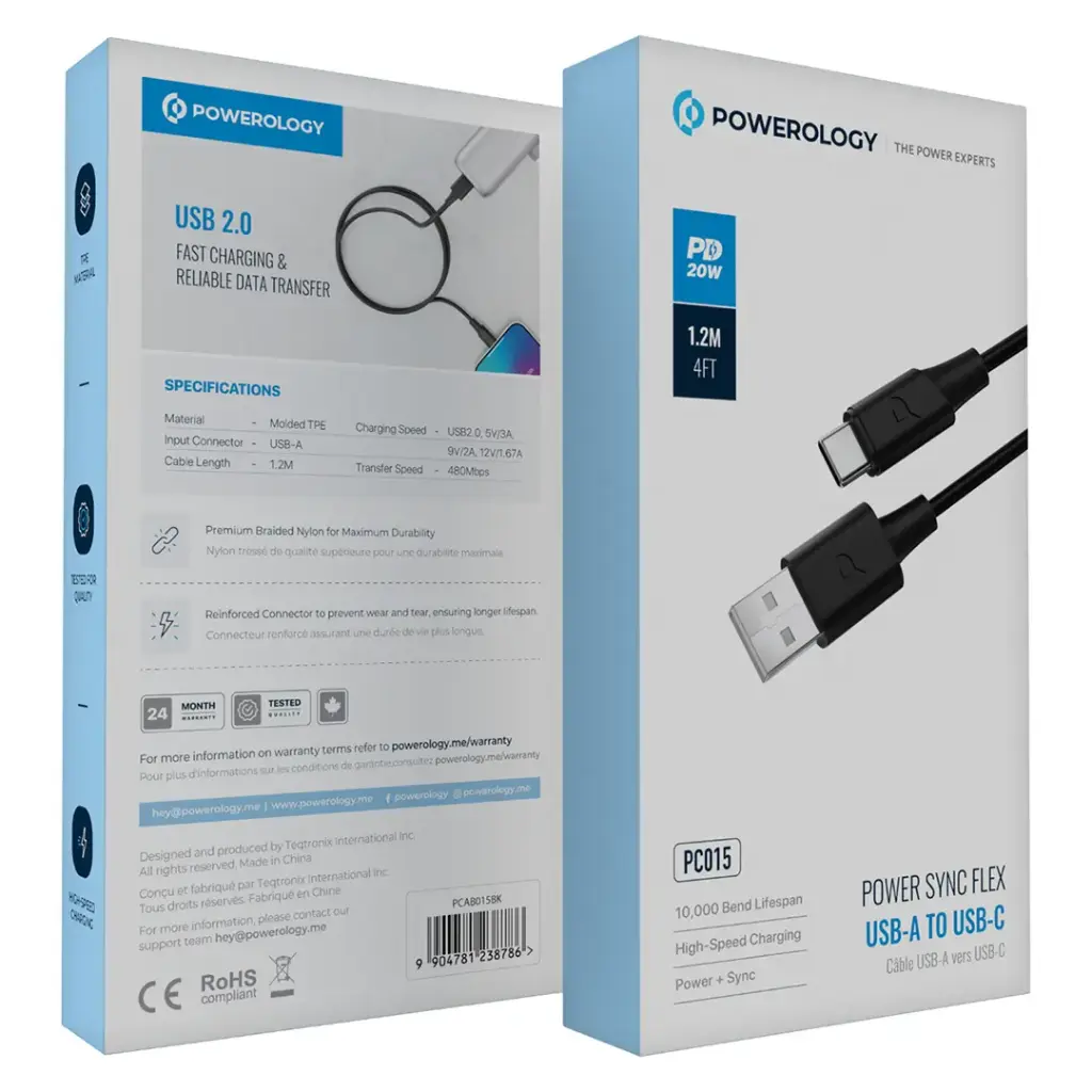 Powerology Power Sync Flex USB-A to USB-C Cable PD 20W 2M – Black