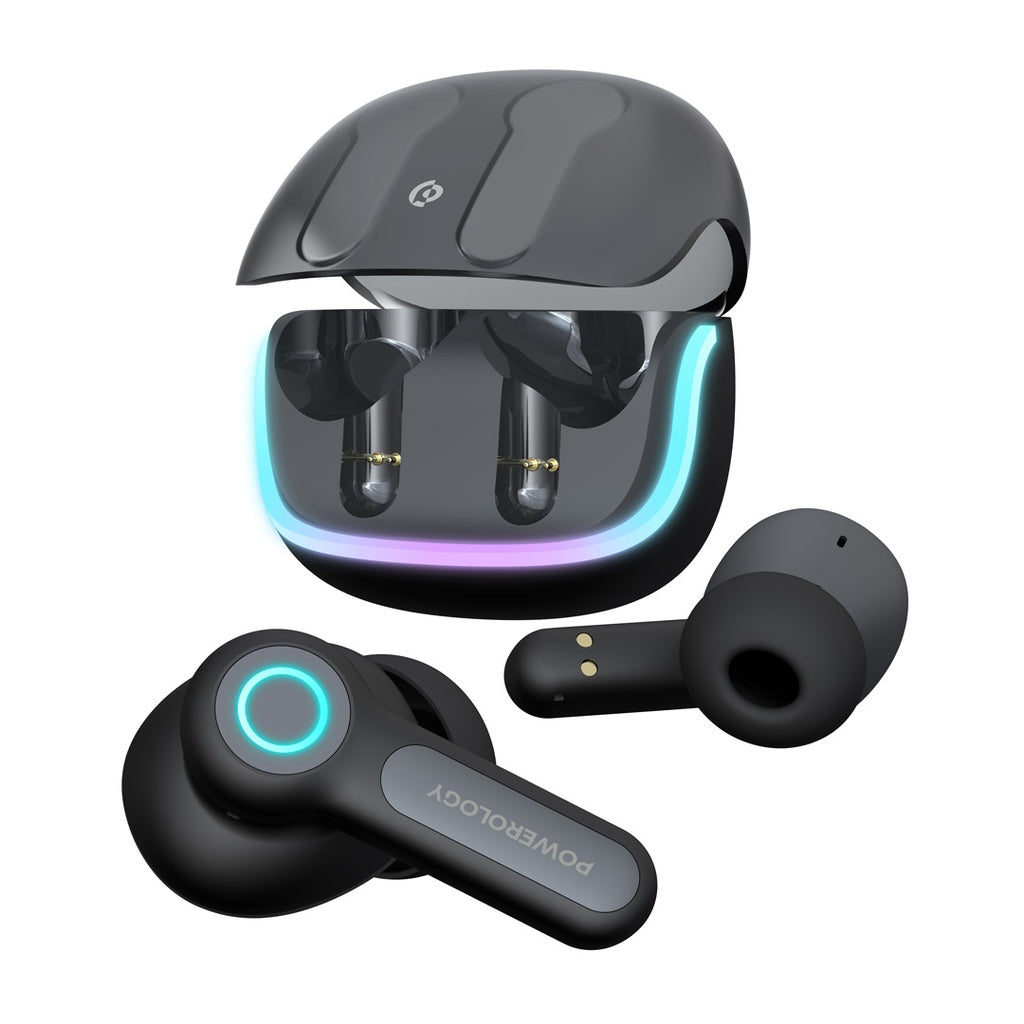 Powerology Quad Mic ENC TWS Earbuds with RGB Charging Case & Game Mode – Black