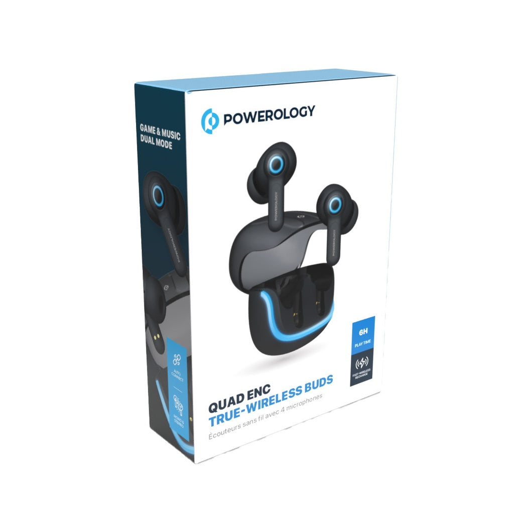 Powerology Quad Mic ENC TWS Earbuds with RGB Charging Case & Game Mode – Black