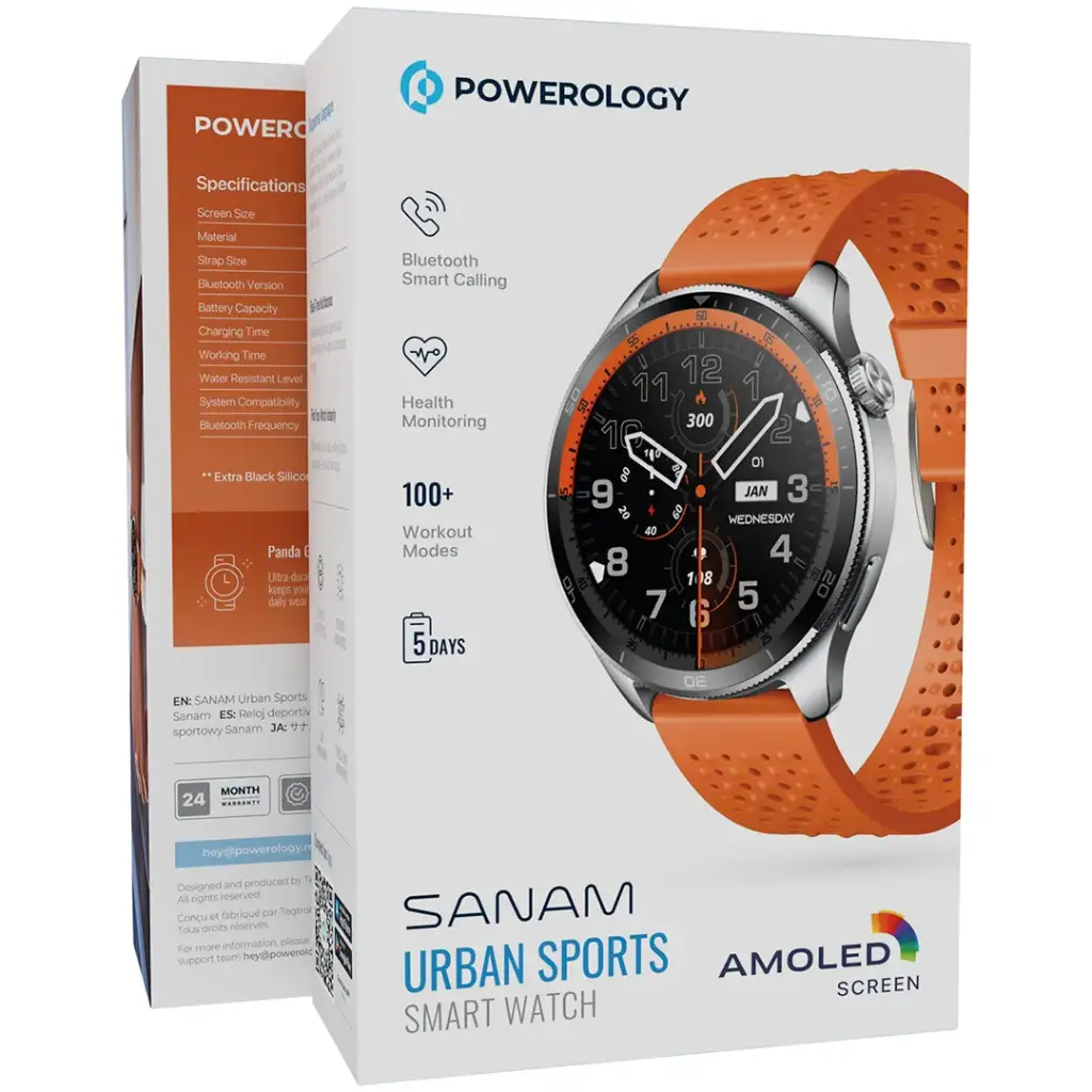 Powerology Sanam Urban Sports Smart Watch AMOLED Display with Bluetooth Calling & 100+ Sports Modes – orange