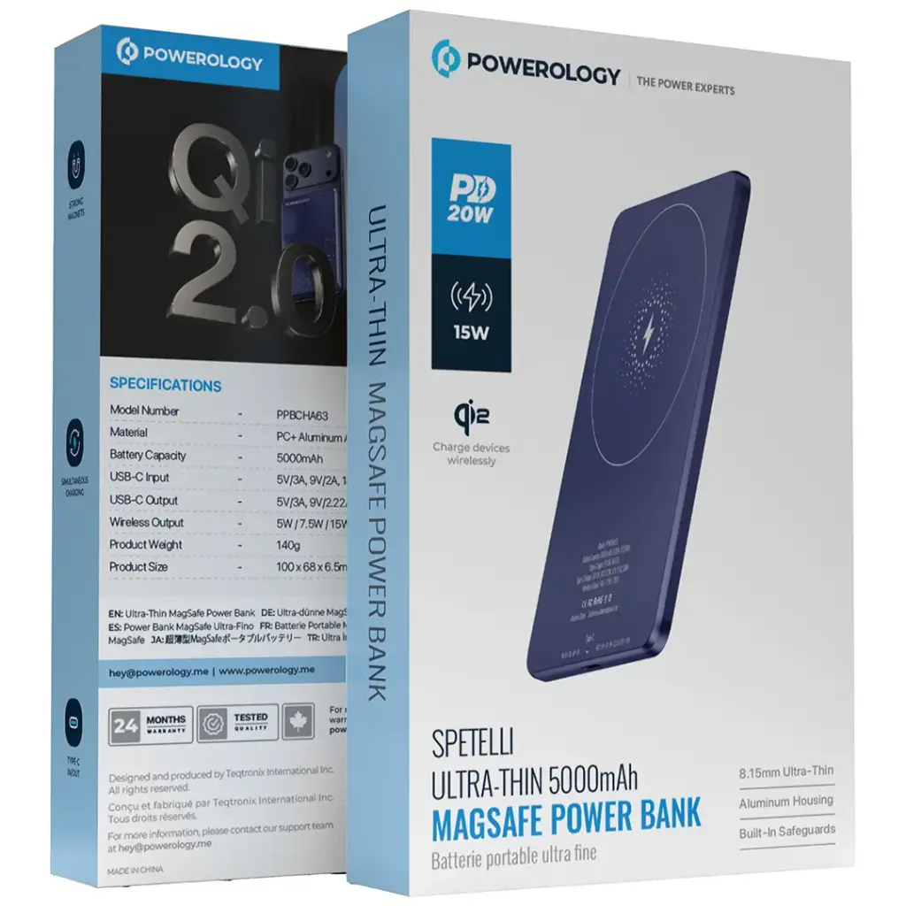 Powerology Ultra-Thin 5000mAh MagSafe Power Bank with 20W PD Fast Charging – Blue/Orange