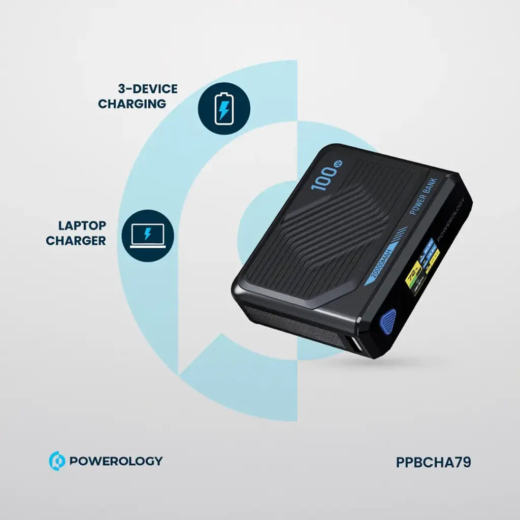 Powerology Ultra-Mini 20000mAh Power Bank 100W PD with 15W MagSafe Wireless Charging – Black