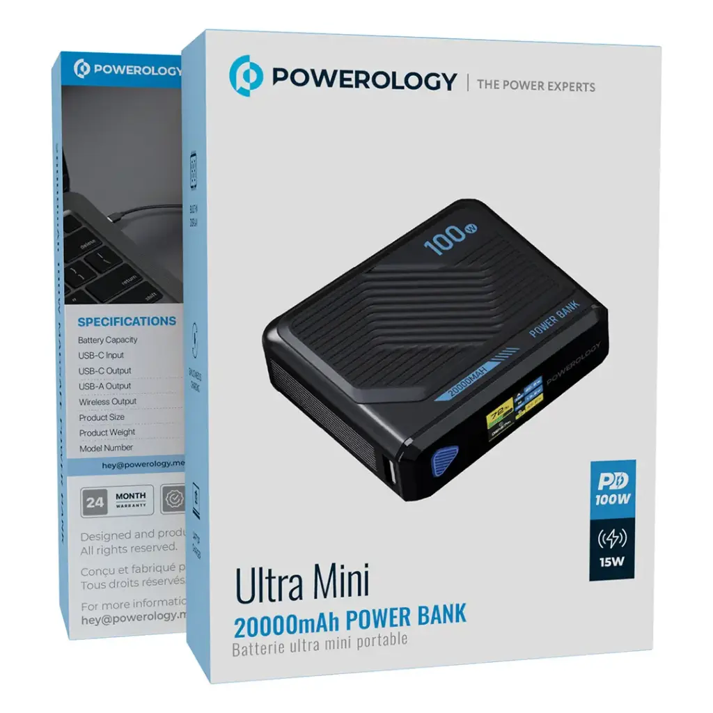 Powerology Ultra-Mini 20000mAh Power Bank 100W PD with 15W MagSafe Wireless Charging – Black