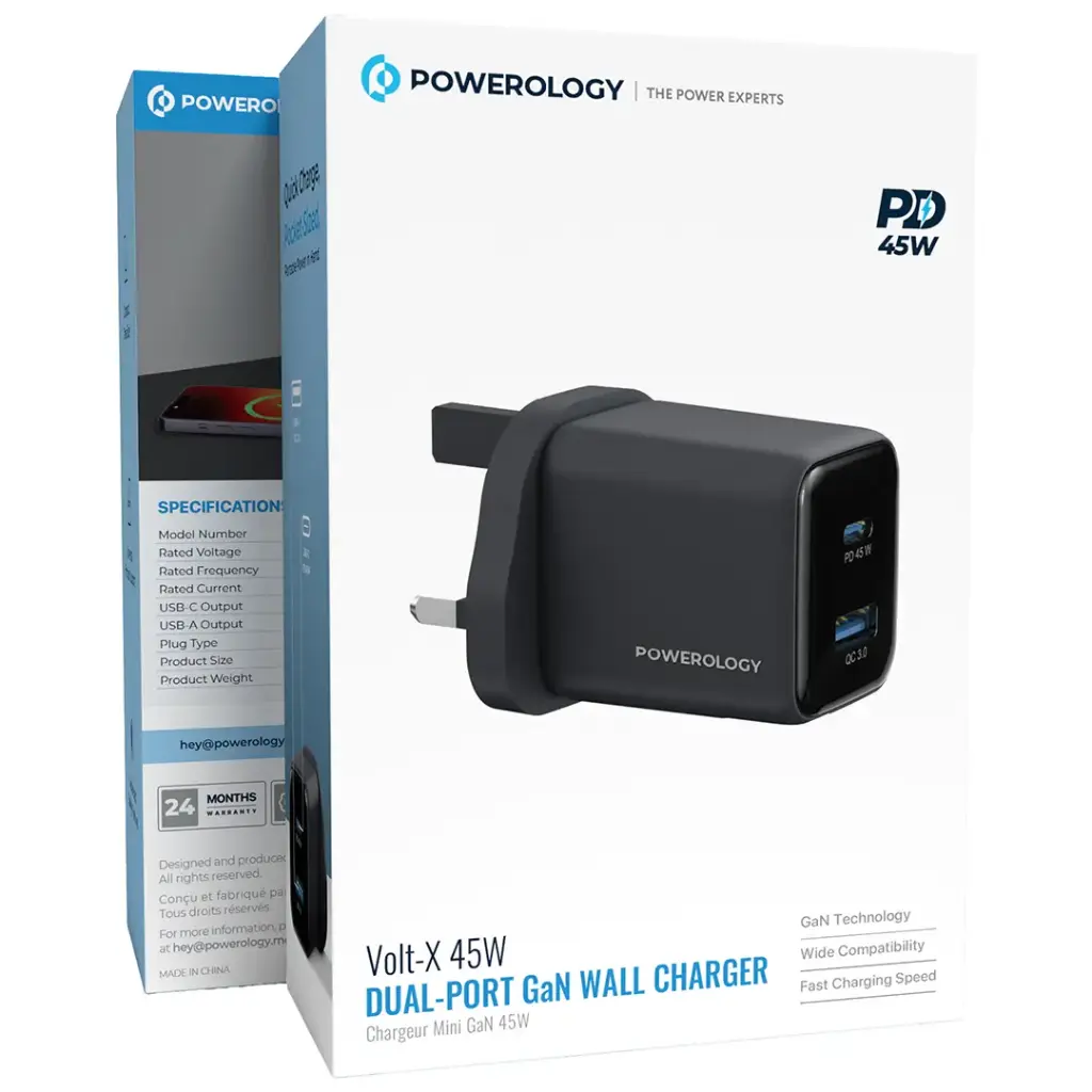 Powerology Volt-X 45W Dual Port GaN Wall Charger USB-C PD + USB-A QC 3.0 – Black