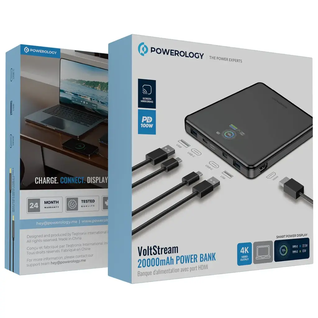 Powerology VoltStream 20000mAh Power Bank with 100W PD & 4K HDMI Output – Black