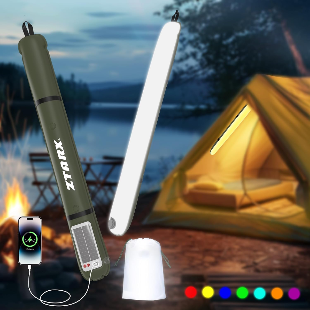 ZTARX Camping Lights Bar, Solar Inflatable Lanterns Colorful 86*12cm