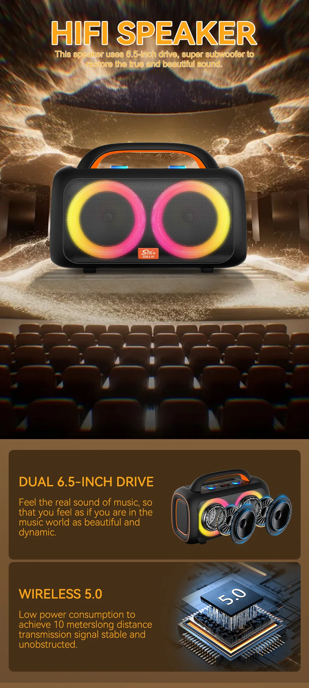 SING-E ZQS-L19 Wireless Karaoke Speaker with Microphone & LED Lights - Perfect for Kids Home