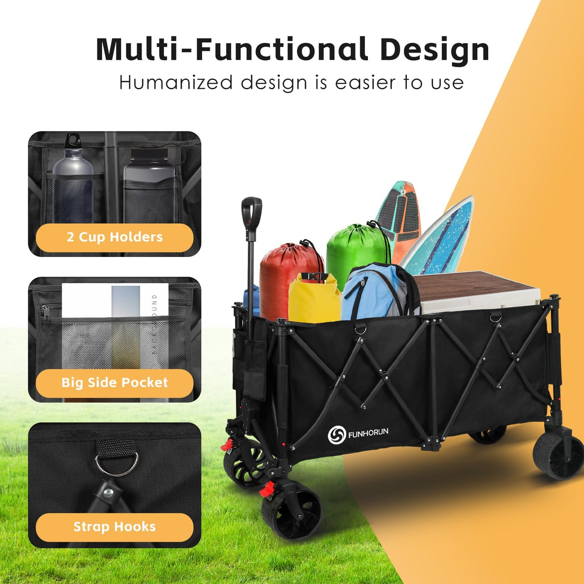 FUNHORUN Foldable Camping Cart Heavy Duty Collapsible Folding Wagon with Wheels and Brake