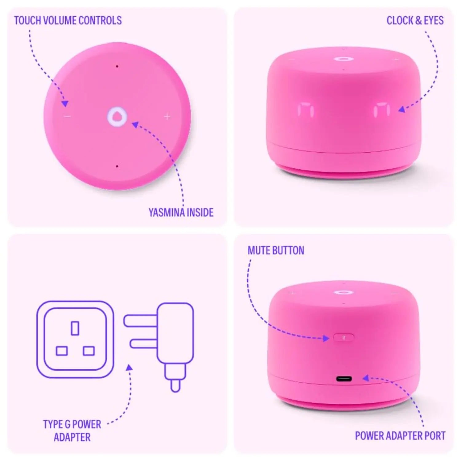 Yango Yasmina Lite AI Smart Speaker with LED Clock, Bluetooth, Wi-Fi & Voice Assistant – Green / Violet