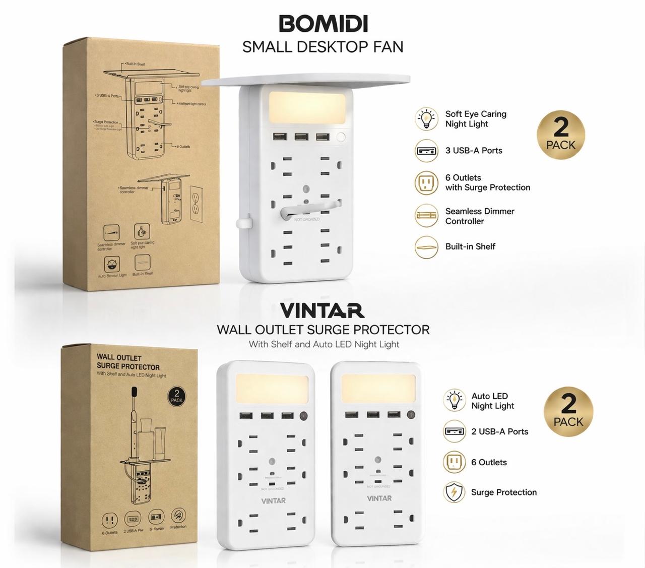 VINTAR Wall Outlet Surge Protector with Shelf & LED Night Light – 6 Outlets + USB Ports (2 Pack)