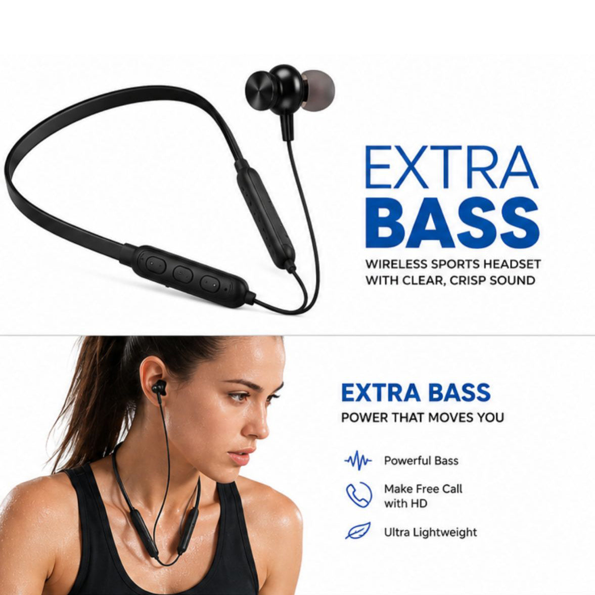 Zentality G03 In-Ear Wireless Sports Neckband Headset with Extra Bass – Black