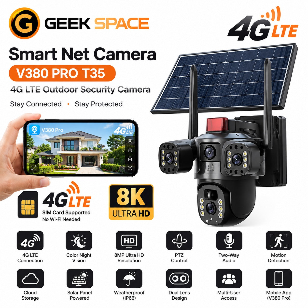 GEEK SPACE SMART NET CAMERA V380 PRO T35-4G-8MP