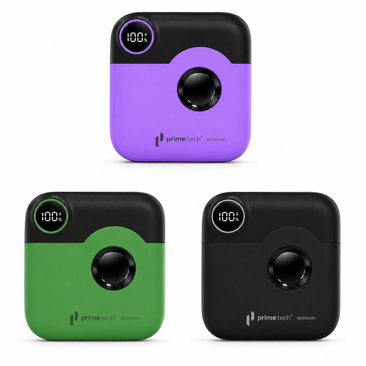 Prima Tech E52 10000mAh Power Bank with 22.5W Fast Charging & Digital Display – Yellow, Black, Purple & Green