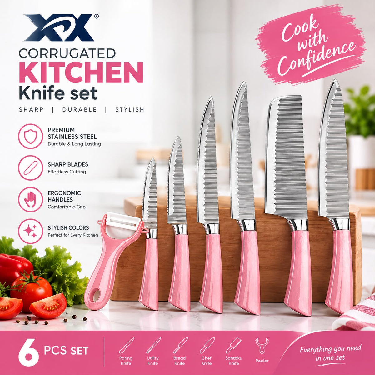 طقم سكاكين مطبخ 6 قطع مع مقشرة – شفرات مموجة ستانلس ستيل Corrugated Kitchen Knife Set-4