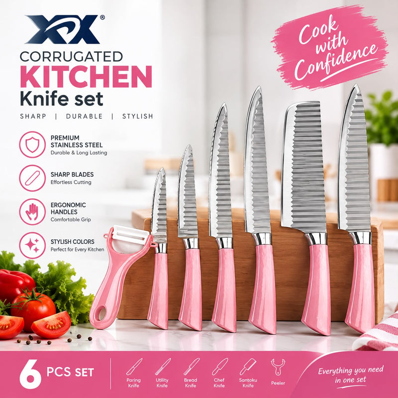 طقم سكاكين مطبخ 6 قطع مع مقشرة – شفرات مموجة ستانلس ستيل Corrugated Kitchen Knife Set-4