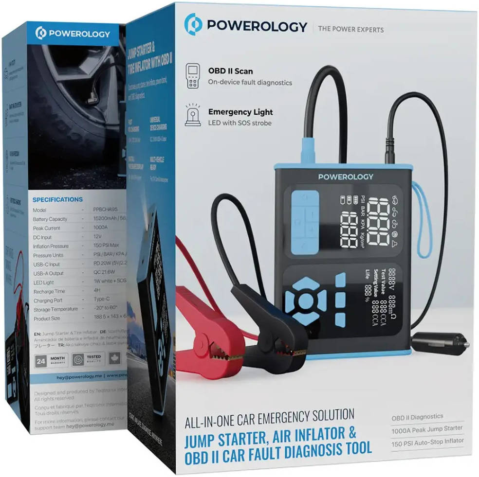 Powerology جهاز تشغيل السيارة المحمول، مضخة هواء وأداة تشخيص السيارات OBD II - أسود/أزرق
