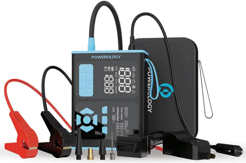Powerology جهاز تشغيل السيارة المحمول، مضخة هواء وأداة تشخيص السيارات OBD II - أسود/أزرق